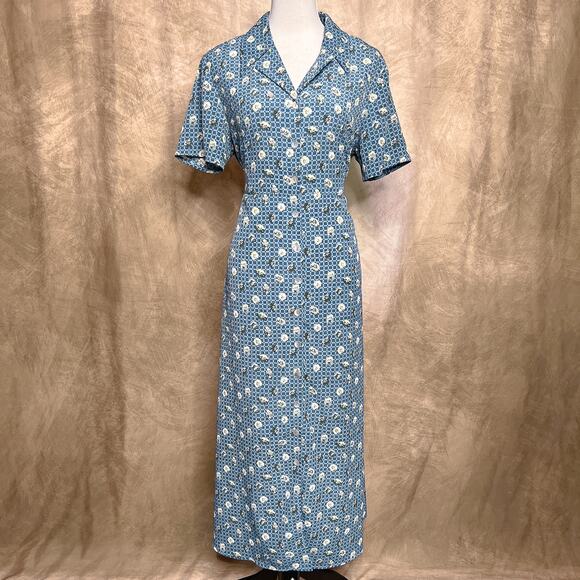 Vintage 90s Jaclyn Smith Floral Print Shirt Waist Maxi Dress Blue Tie Back Waist - Picture 1 of 9